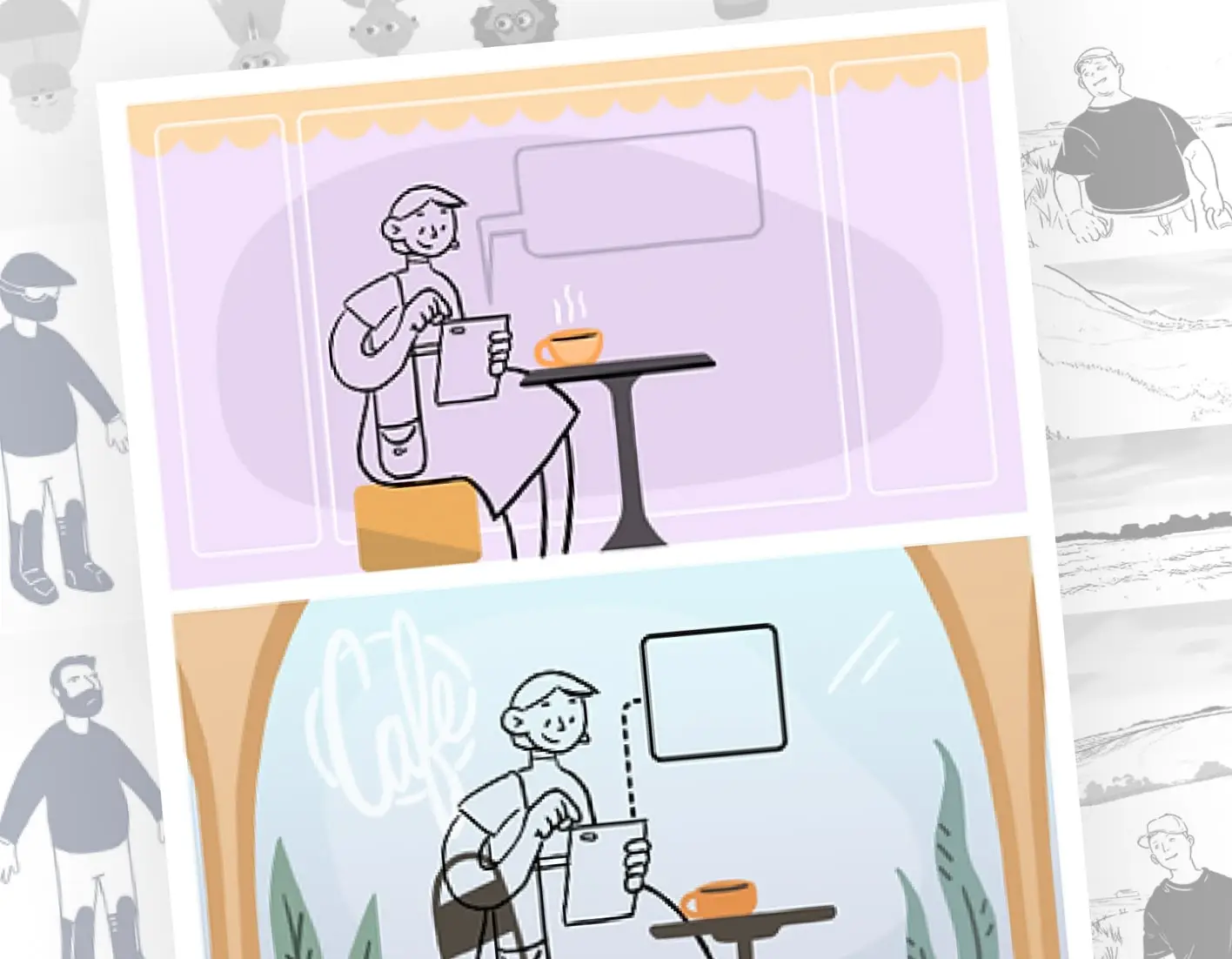Storyboard frames showing an illustrated character serving coffee at a café