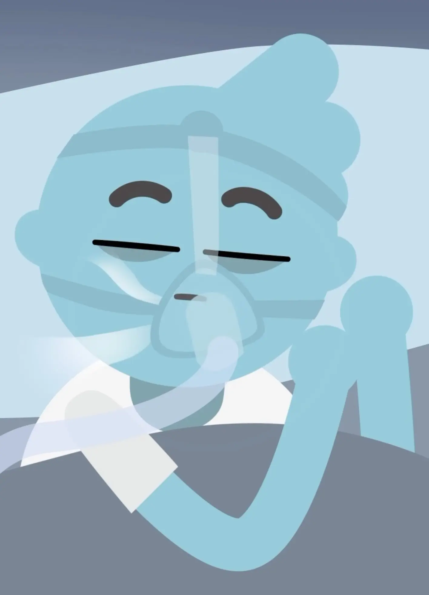 Illustrated character sleeping while wearing a CPAP mask