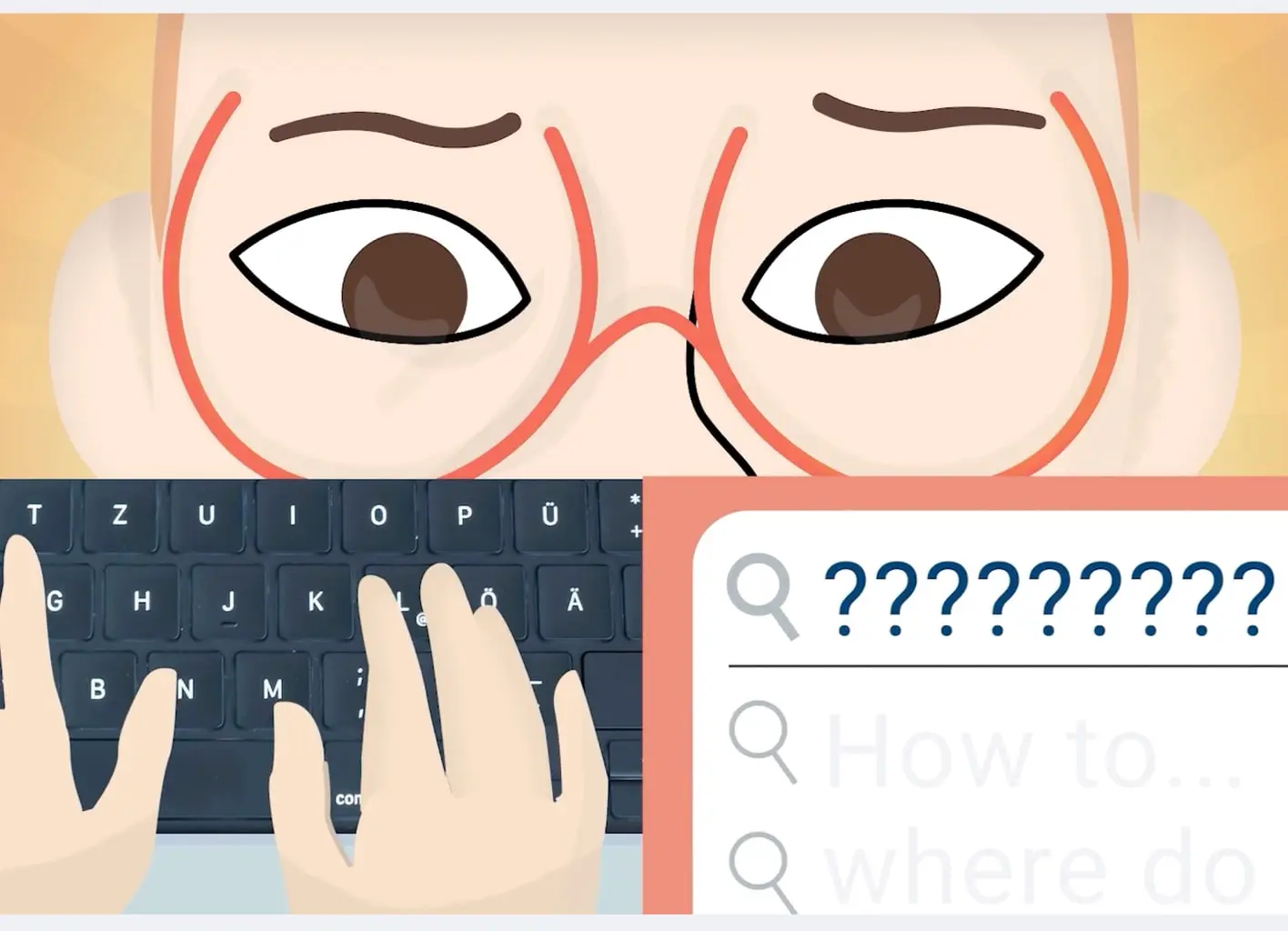 Animated character at a keyboard typing questions into a search bar