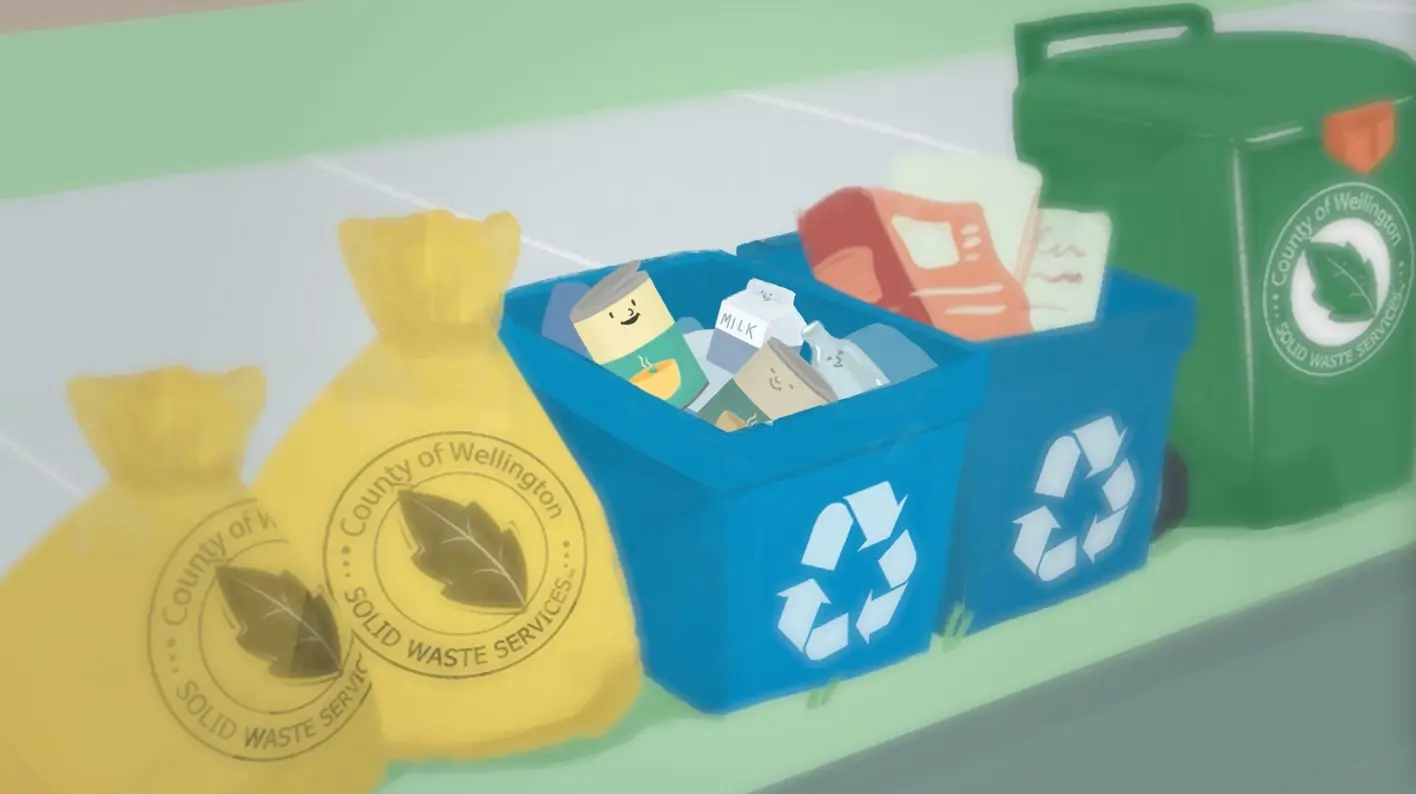 Illustrated curbside recycling bins and waste bags from County of Wellington Solid Waste Services